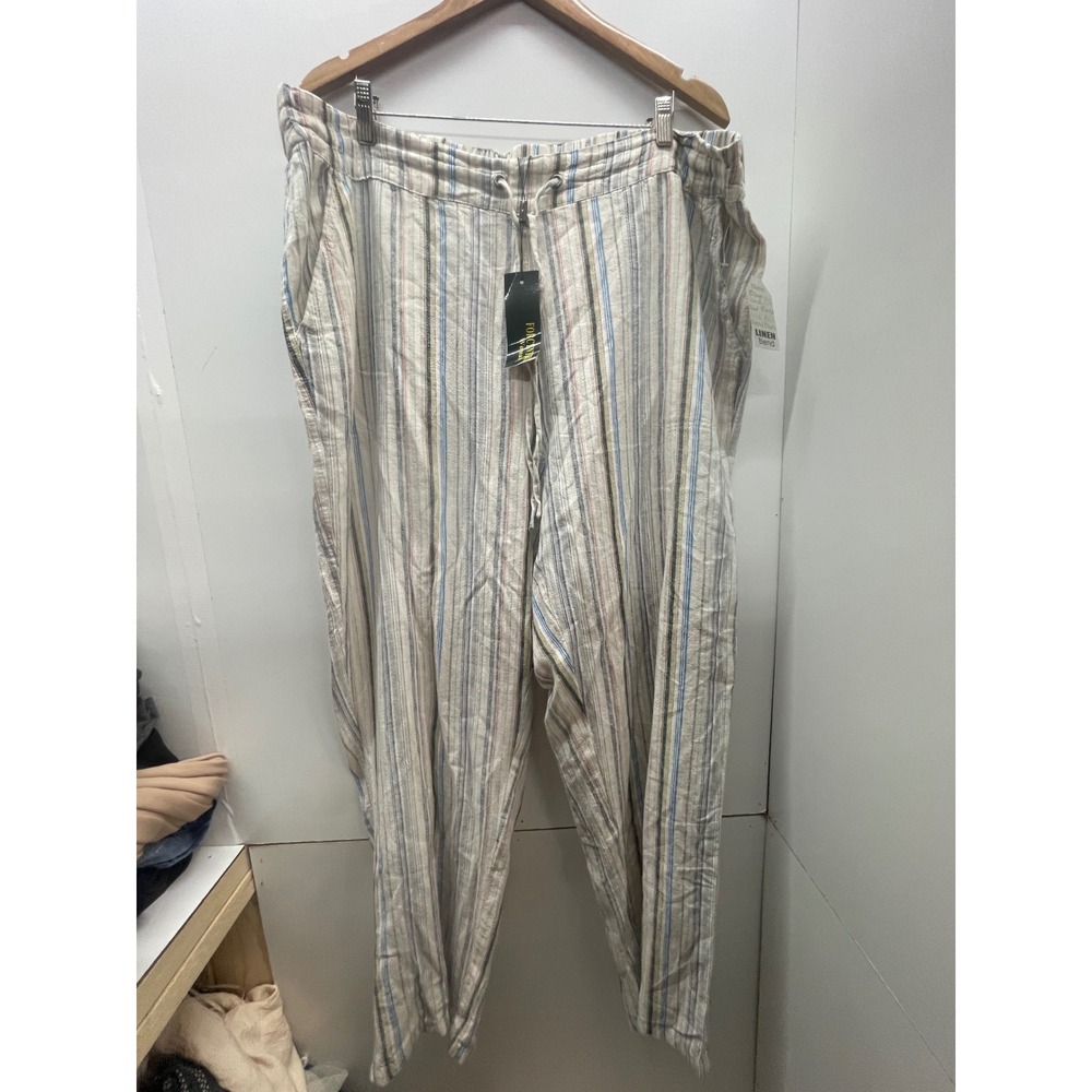 For Cynthia NWT 3X Linen Blend Stripe Drawstring Elastic Waist Pants Cream Multi